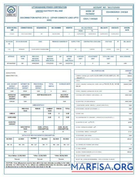 Realistic India Uttarakhand power corporation electricity utility bill Word and PDF formats example